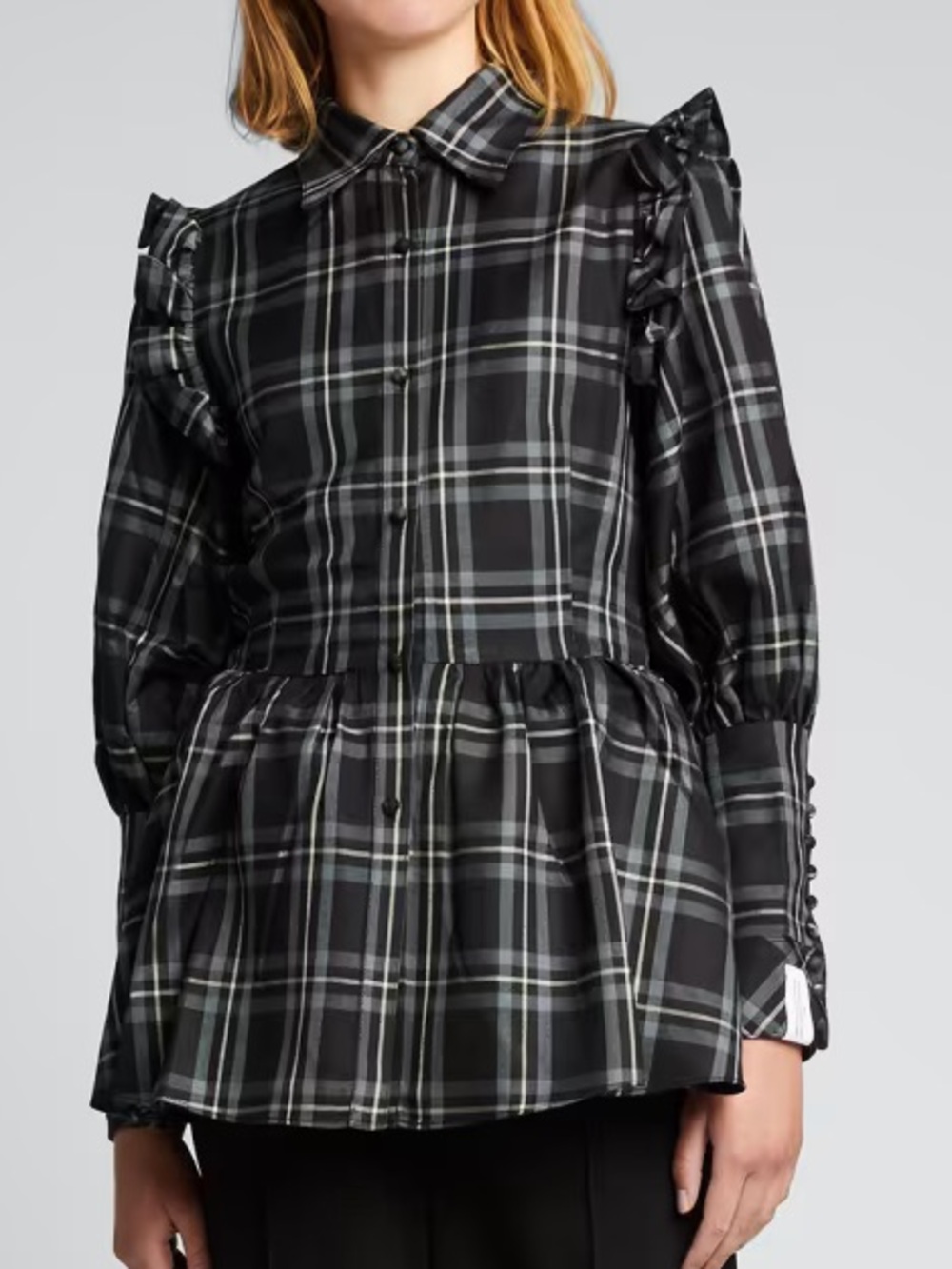 ROKH Plaid Collared Peplum Blouse